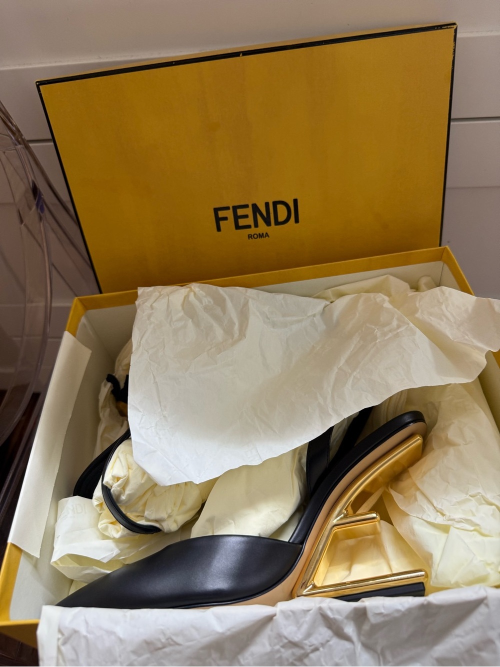 Fendi First Leather Black Slingback Pumps with Gold Heel - Picture 3 of 3